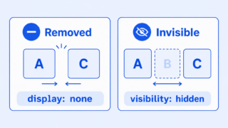 Two rows of layout boxes showing one hidden box removed and another hidden box leaving an empty space.