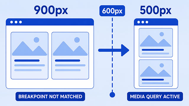 Wide browser layout shrinking past a 600px breakpoint into a narrow layout where the media query becomes active.