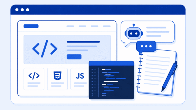 Illustration of a web development learning workspace with code, AI assistance, and planning tools.