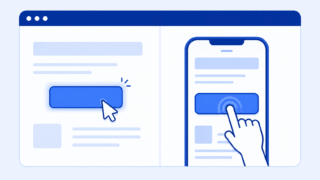 Illustration comparing a mouse hovering over a desktop button with a finger tapping the same button on a mobile device.