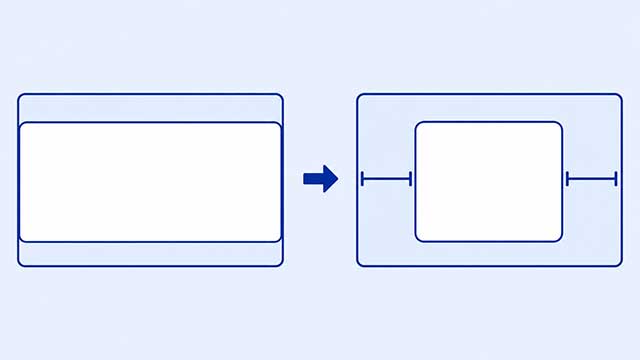 A full-width card changes into a narrower centered card with equal space on its left and right.