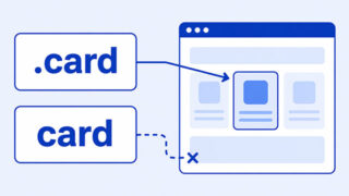 CSS selector tile connected to a highlighted card in a browser window, with another selector arrow missing the card.