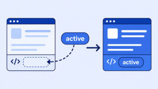 An active class token moves into an HTML card, which changes from a pale card to a blue styled card.
