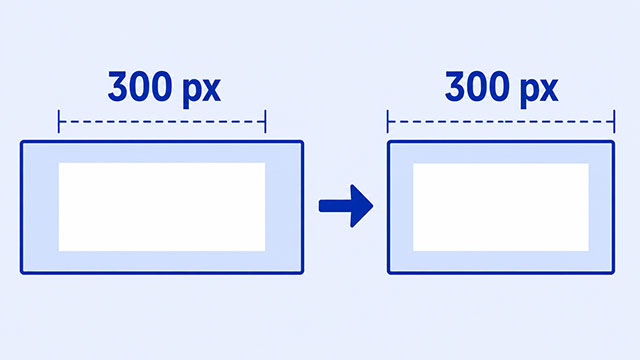 Two CSS boxes with the same set width, one extending beyond the width marker and one fitting within it.