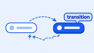 Normal and raised hover-state buttons connected by a smooth forward arrow and a broken snap-back arrow, with the transition attached only to the hover state.