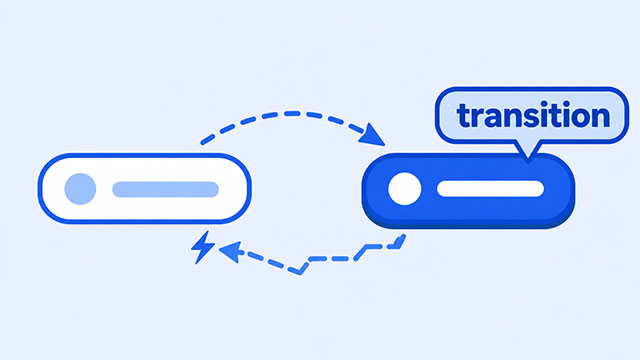 Normal and raised hover-state buttons connected by a smooth forward arrow and a broken snap-back arrow, with the transition attached only to the hover state.